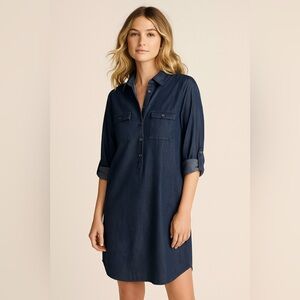 LOFT Chambray Denim Shirt Dress Adjustable Sleeves Button
front Blue sz Med